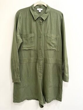 ON-34TH Women's Linen Blend Long Sleeve Utility Romper olive green button-up LG